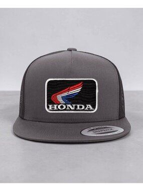 Honda Wing Patch on YP Flat Bill Trucker Hat Mesh Back Snapback charcoal/black